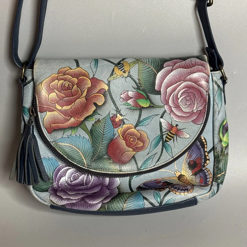 Anuschka Hand Painted‎ Floral Butterfly Leather Shoulder Bag Blue Bug Insect